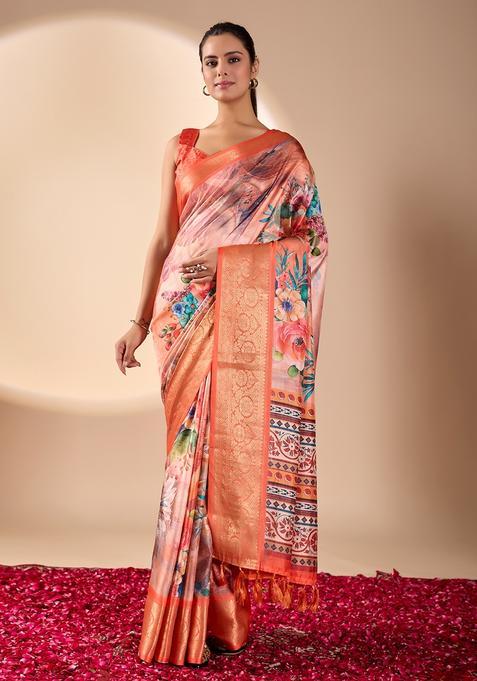 Orange Printed Silk Saree Set
