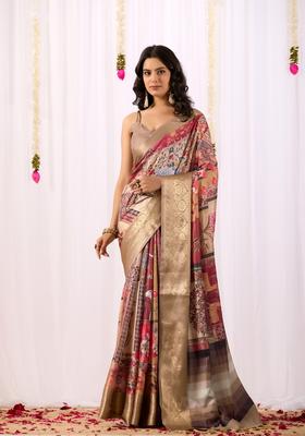 Dark Cream Printed Silk Saree Set