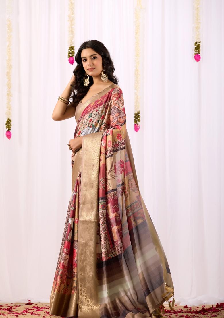 Dark Cream Printed Silk Saree Set - Indya