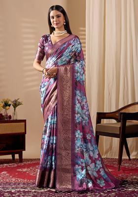 Purple Printed Silk Saree Set