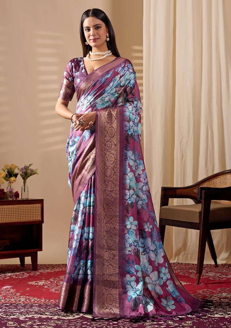 Purple Printed Silk Blend Saree Set - Indya