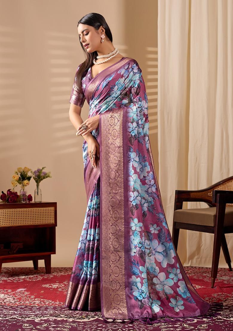 Purple Printed Silk Saree Set - Indya