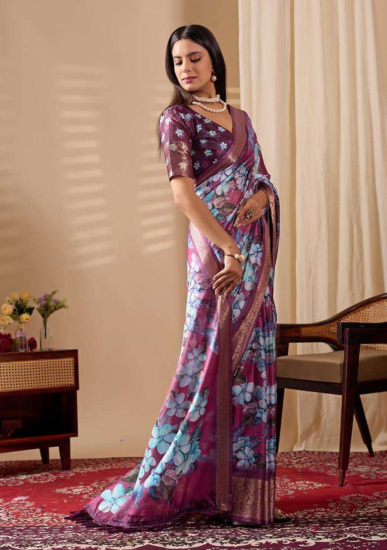 Purple Printed Silk Blend Saree Set - Indya