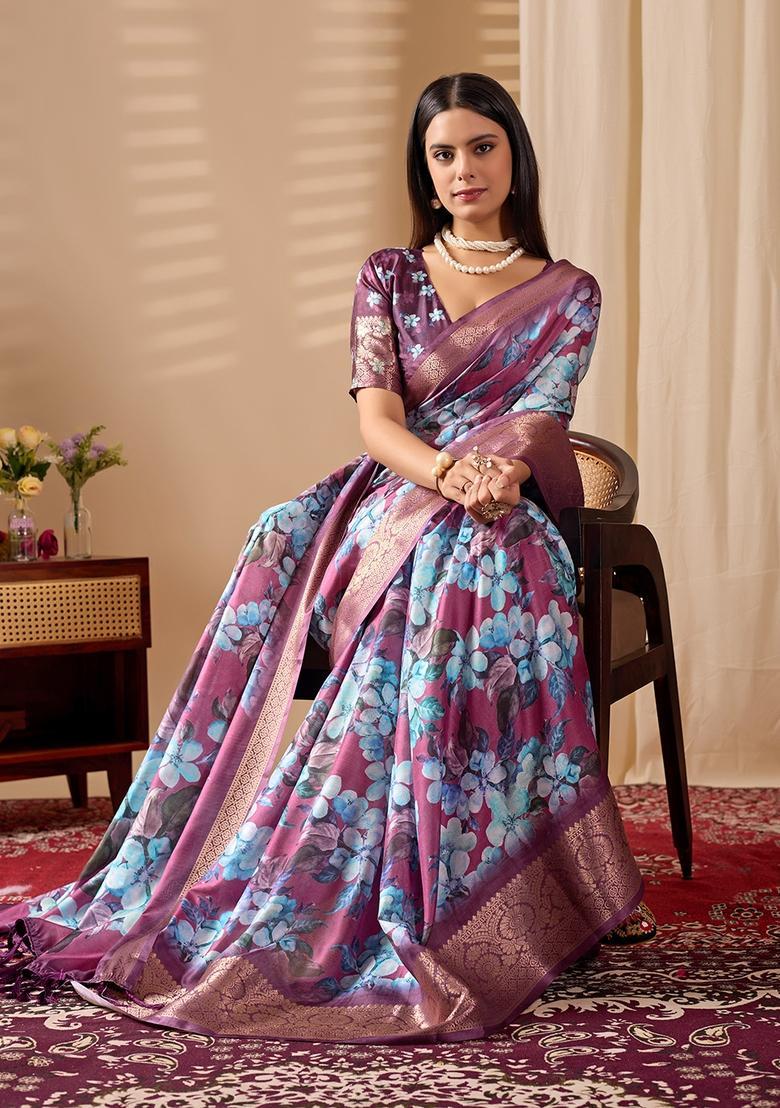 Purple Printed Silk Saree Set - Indya