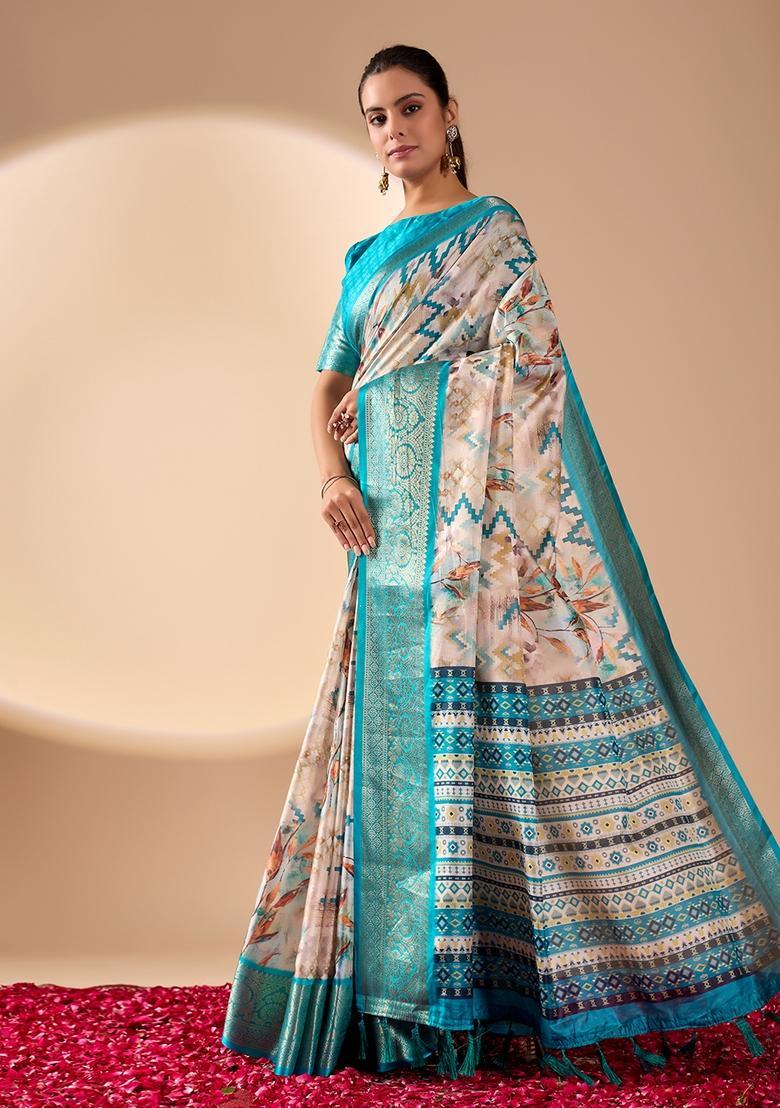 See Green Printed Silk Saree Set - Indya