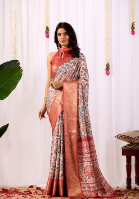 Rust Printed Silk Saree Set
