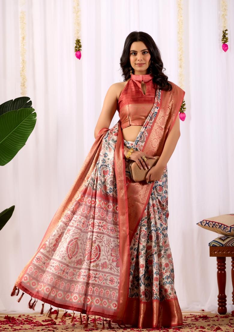 Rust Printed Silk Saree Set - Indya