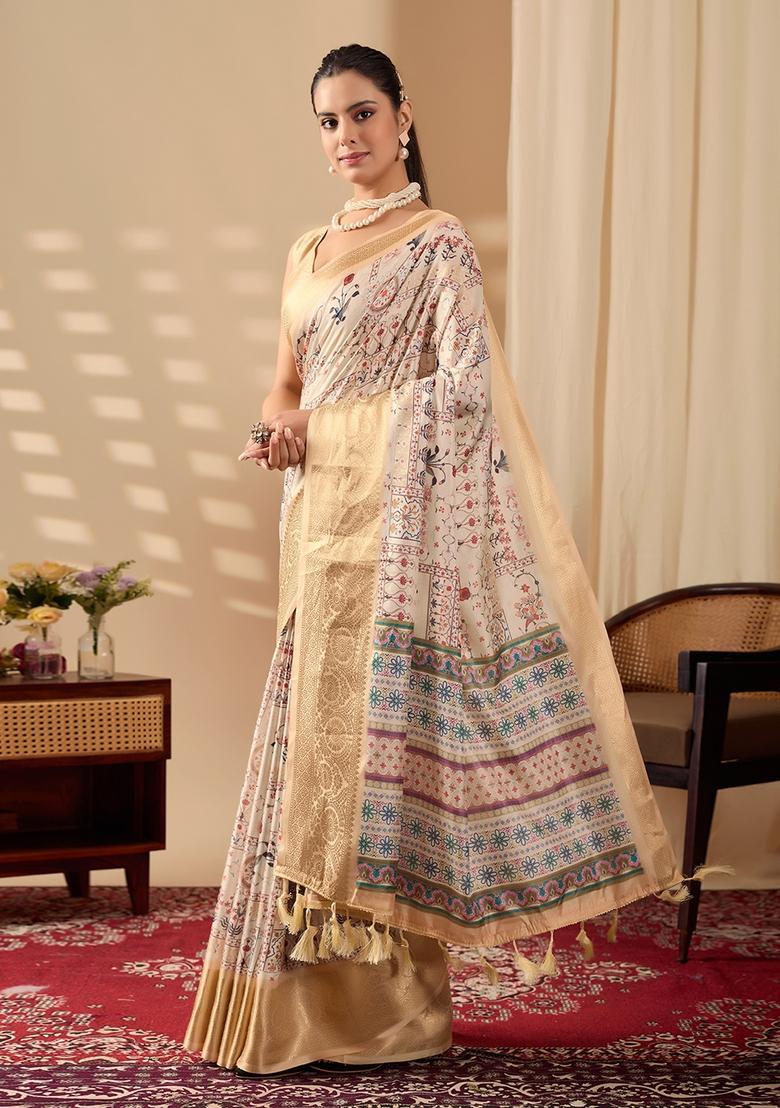 Cream Printed Silk Saree Set - Indya