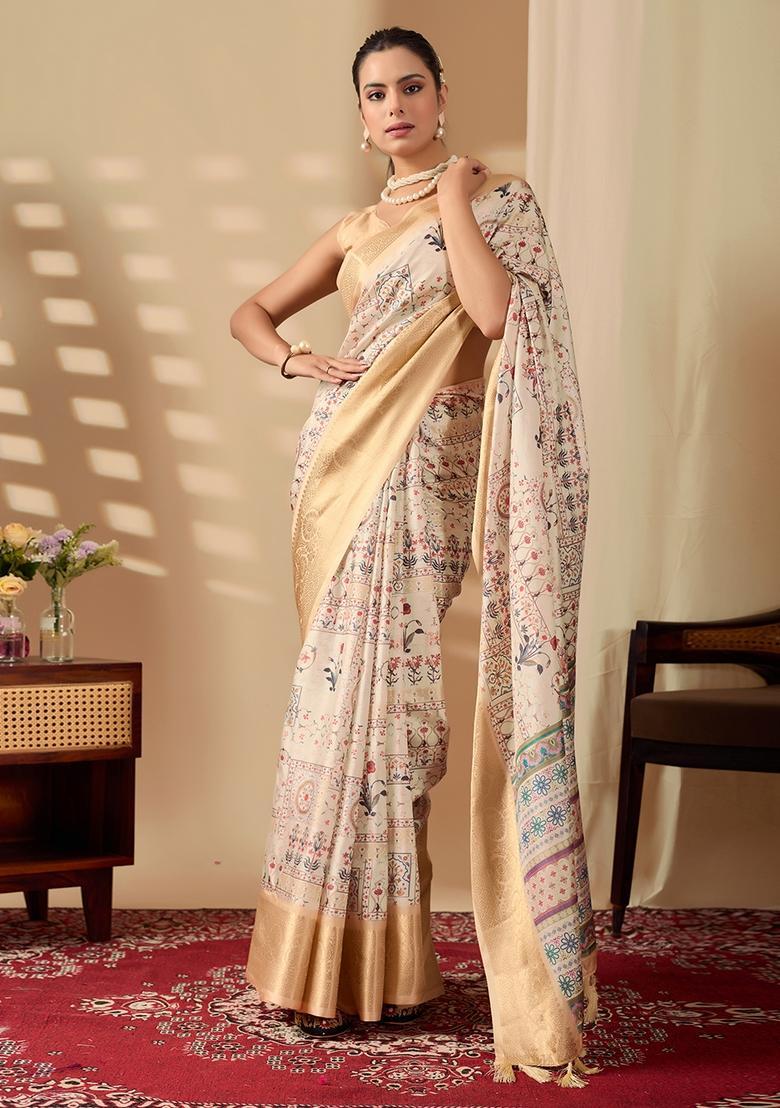 Cream Printed Silk Saree Set - Indya