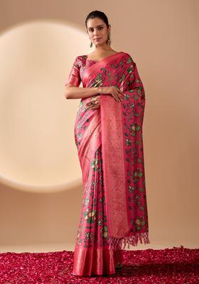 Pink Printed Silk Saree Set