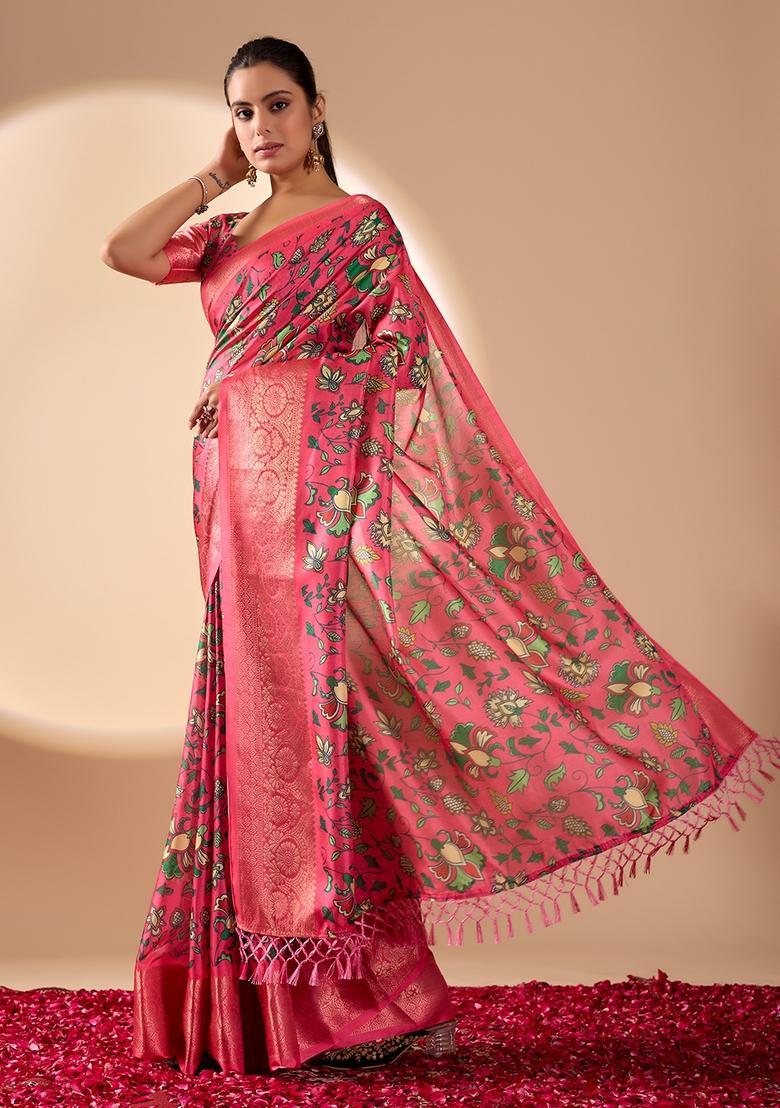 Pink Printed Silk Saree Set - Indya
