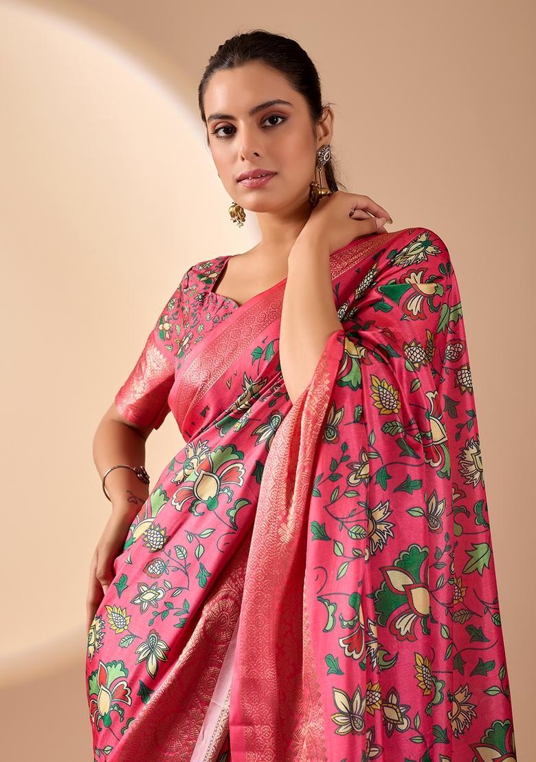 Pink Printed Silk Saree Set - Indya