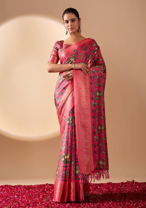 Pink Printed Silk Saree Set