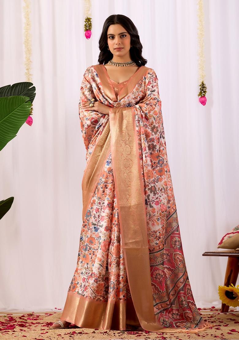 Peach Printed Silk Saree Set - Indya