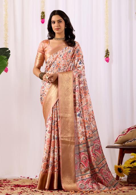 Peach Printed Silk Saree Set