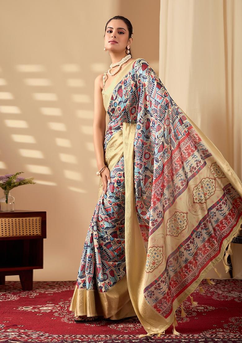 Multicolor Printed Silk Saree Set - Indya