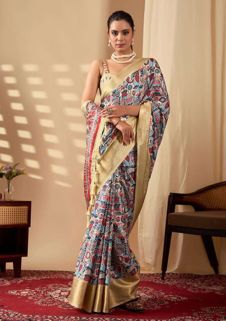Multicolor Printed Silk Blend Saree Set - Indya