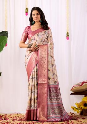 Cream Printed Silk Saree Set