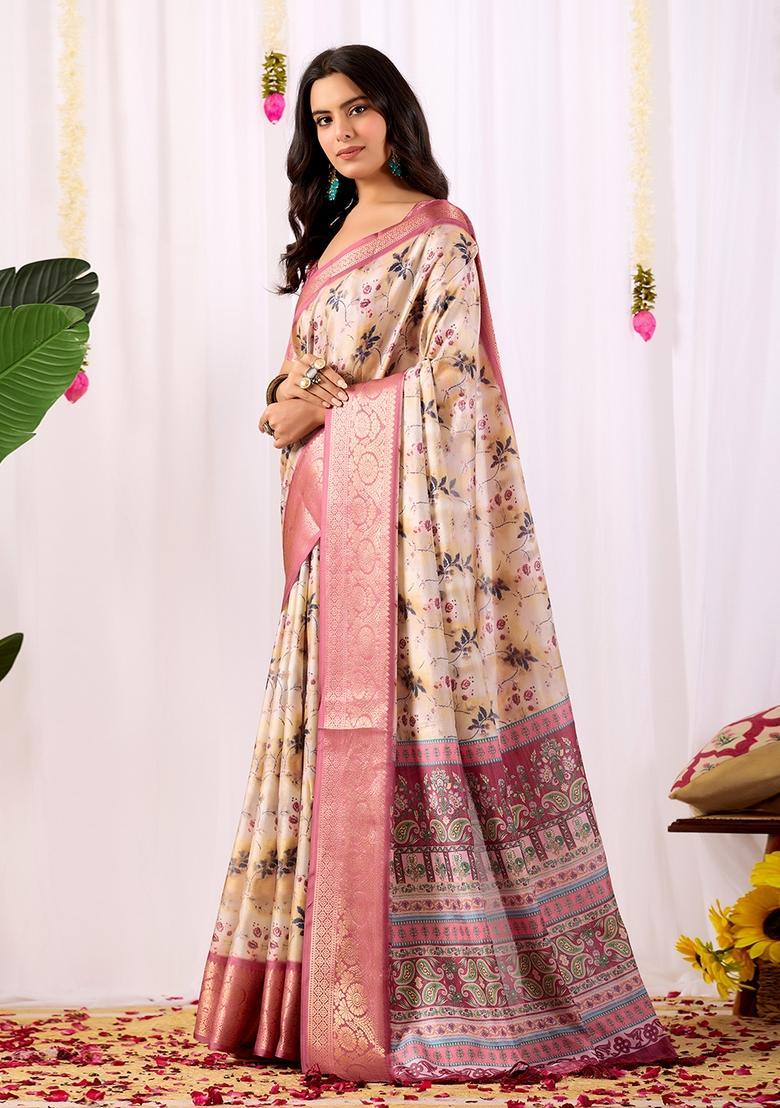 Cream Printed Silk Saree Set - Indya