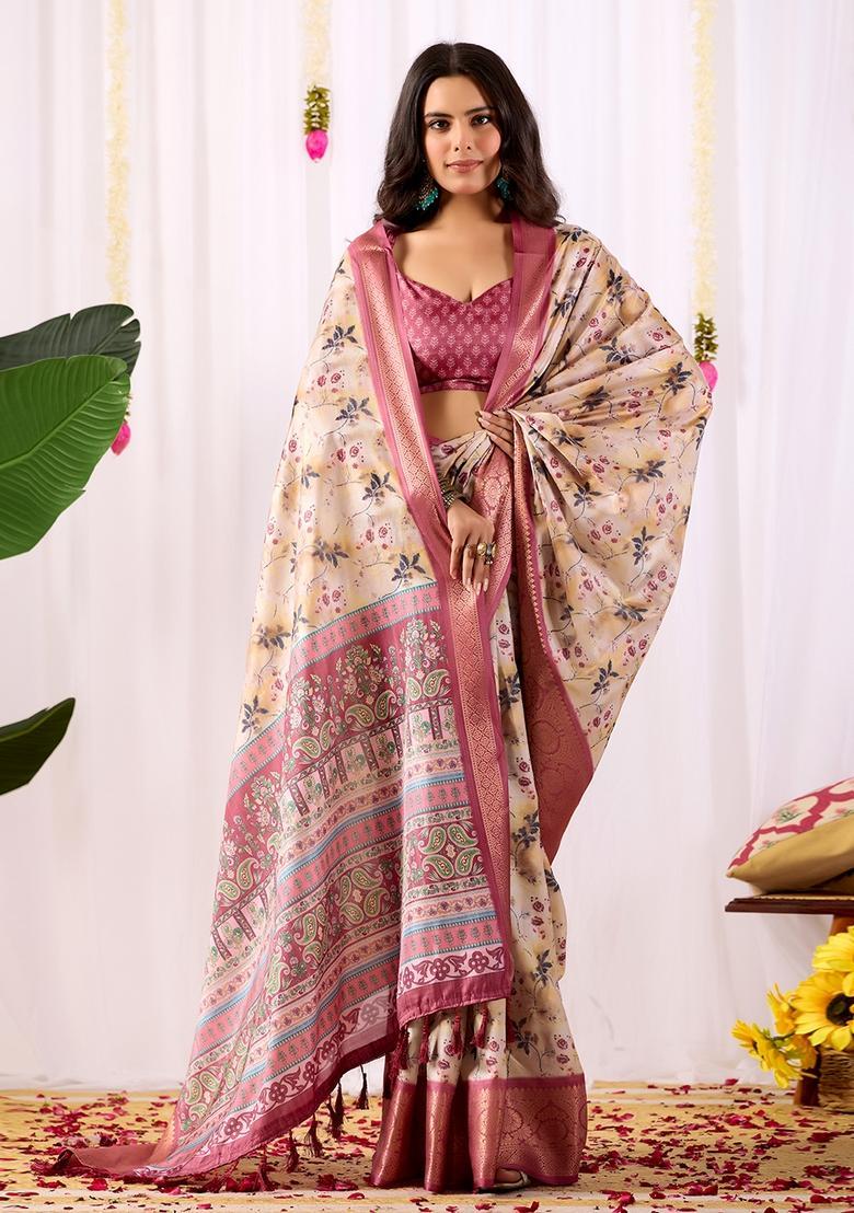 Cream Printed Silk Saree Set - Indya