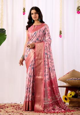 Pink Printed Silk Saree Set