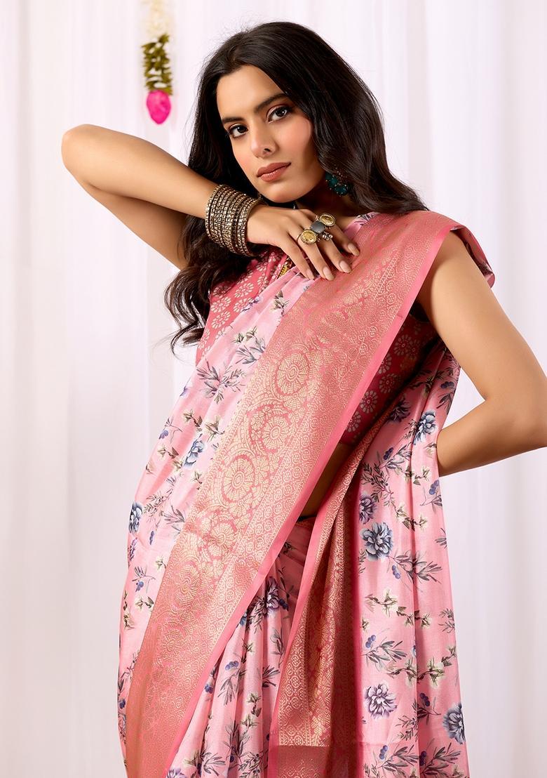 Pink Printed Silk Saree Set - Indya