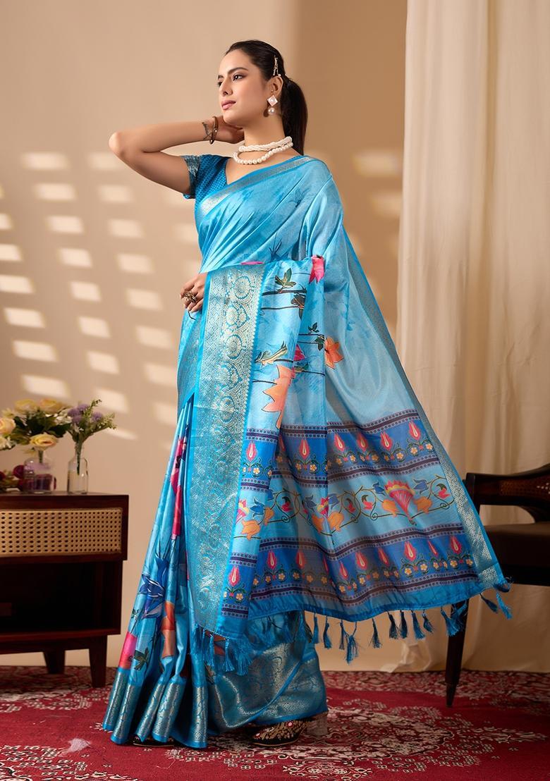 Sky Blue Printed Silk Saree Set - Indya