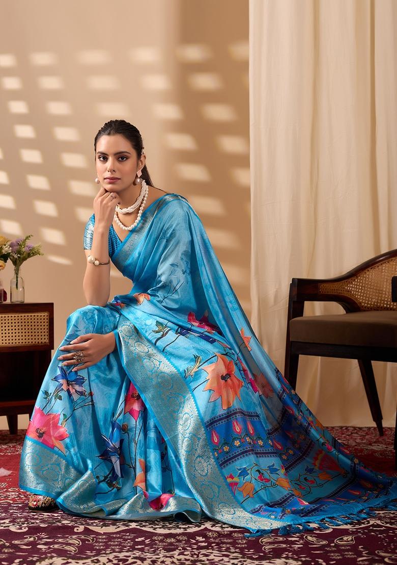 Sky Blue Printed Silk Saree Set - Indya