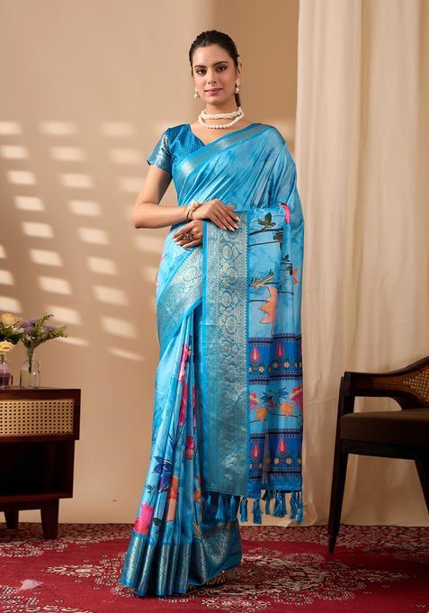 Sky Blue Printed Silk Saree Set