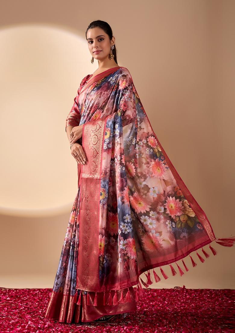 Red Printed Silk Saree Set - Indya