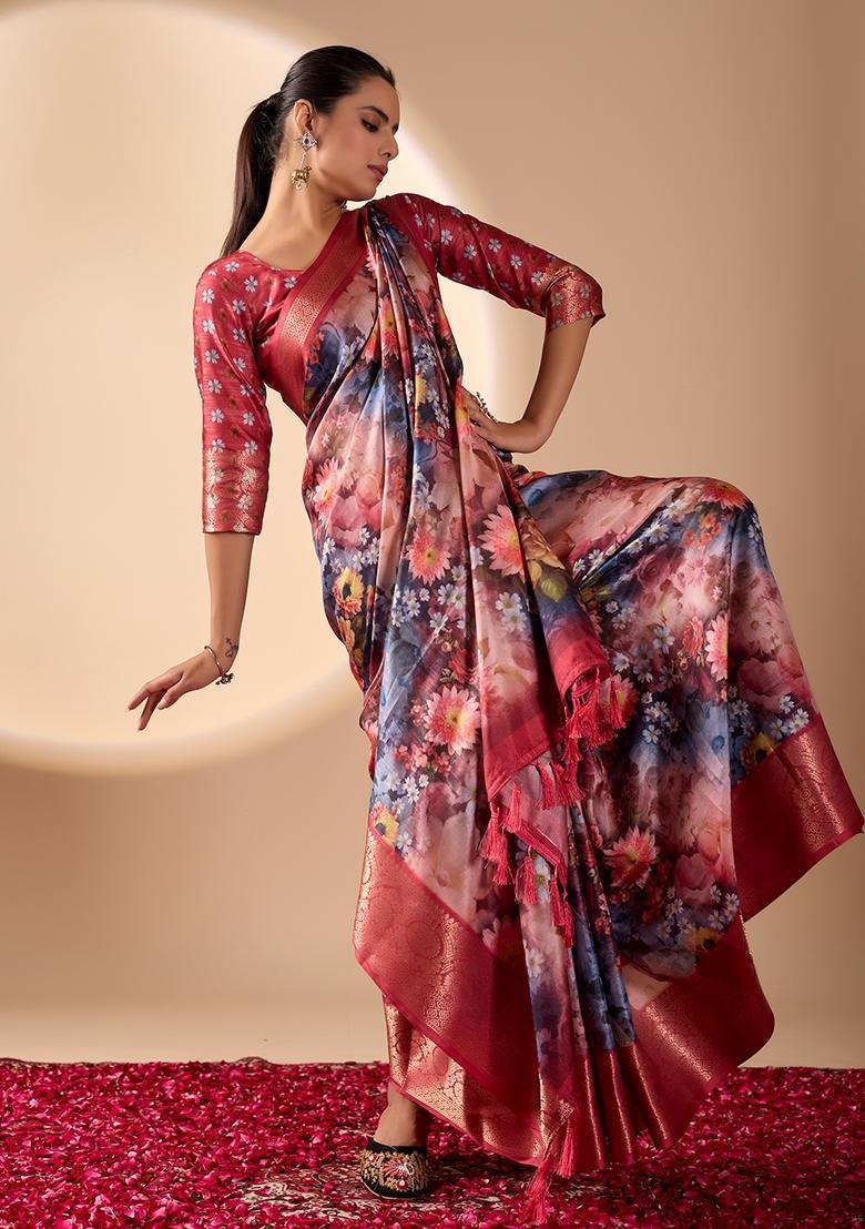 Red Printed Silk Saree Set - Indya
