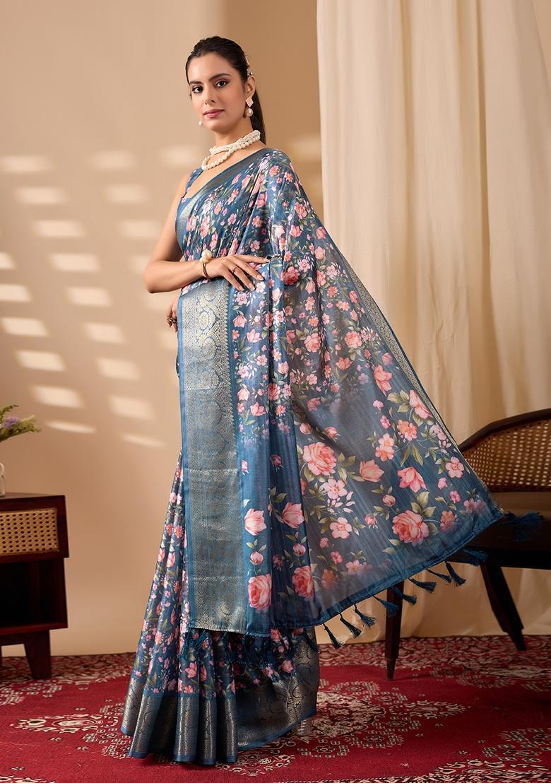 Teal Printed Silk Saree Set - Indya