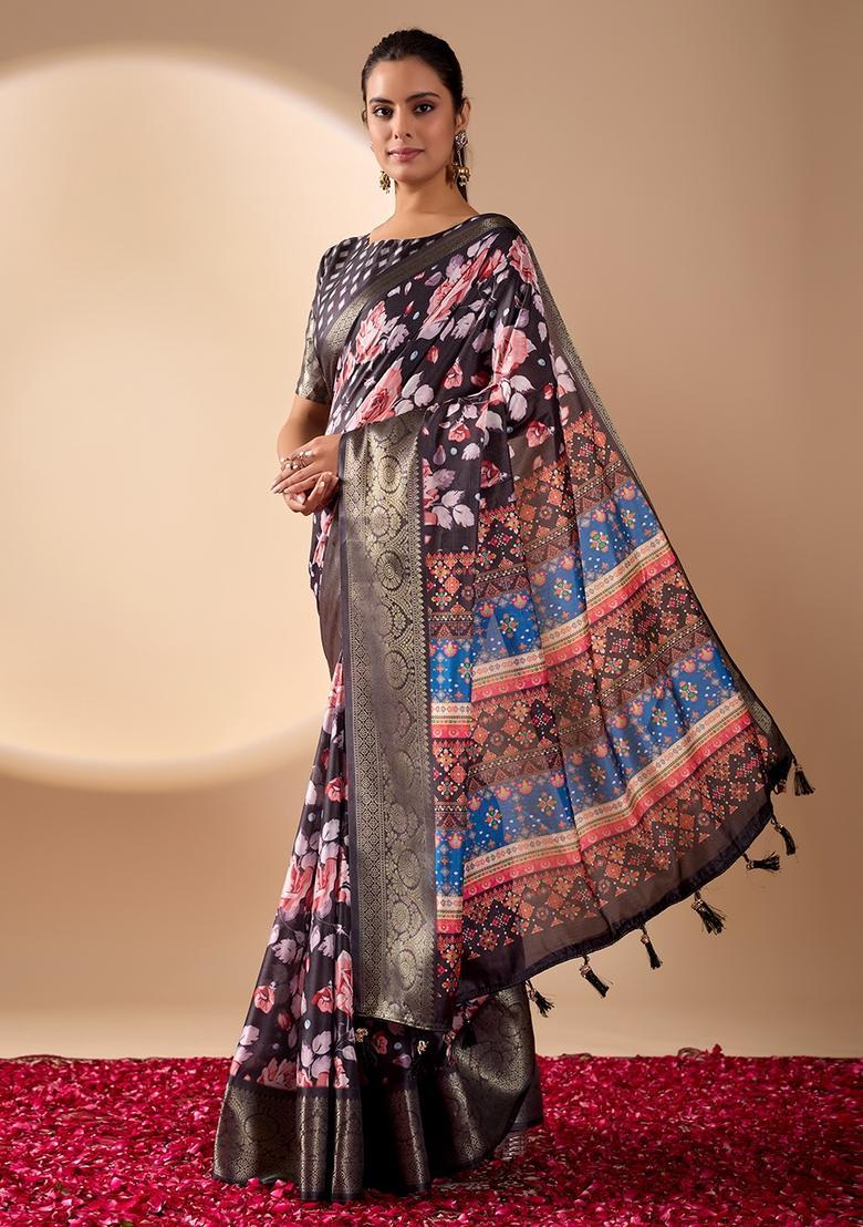 Black Printed Silk Saree Set - Indya