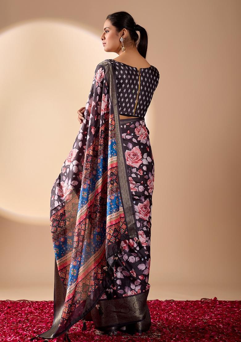 Black Printed Silk Saree Set - Indya