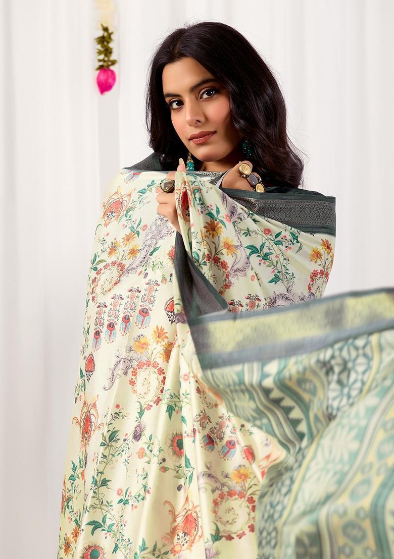 Cream Printed Silk Saree Set - Indya