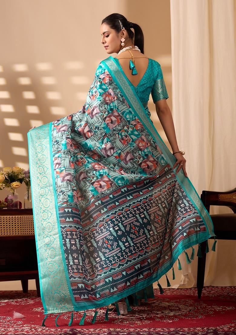 See Green Printed Silk Saree Set - Indya