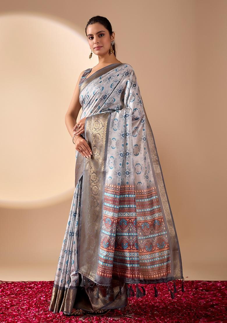 Grey Printed Silk Saree Set - Indya