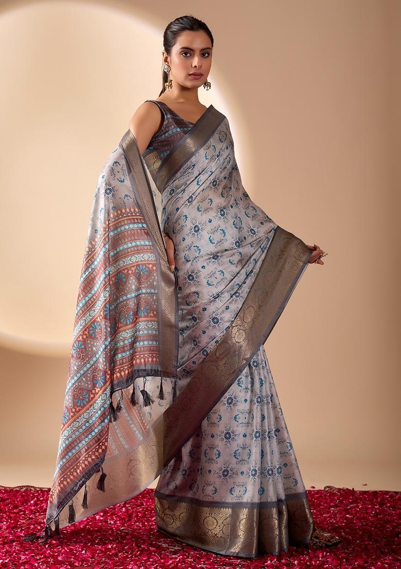 Grey Printed Silk Saree Set - Indya