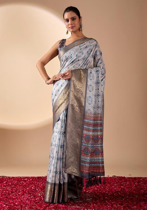 Grey Printed Silk Saree Set