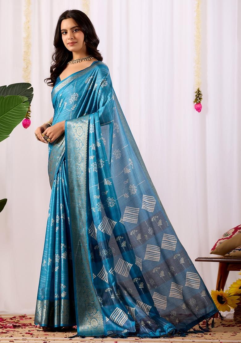 Teal Printed Silk Saree Set - Indya