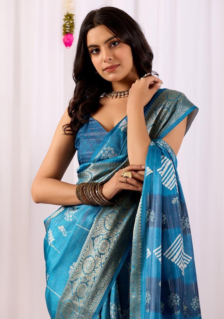 Teal Printed Silk Saree Set - Indya