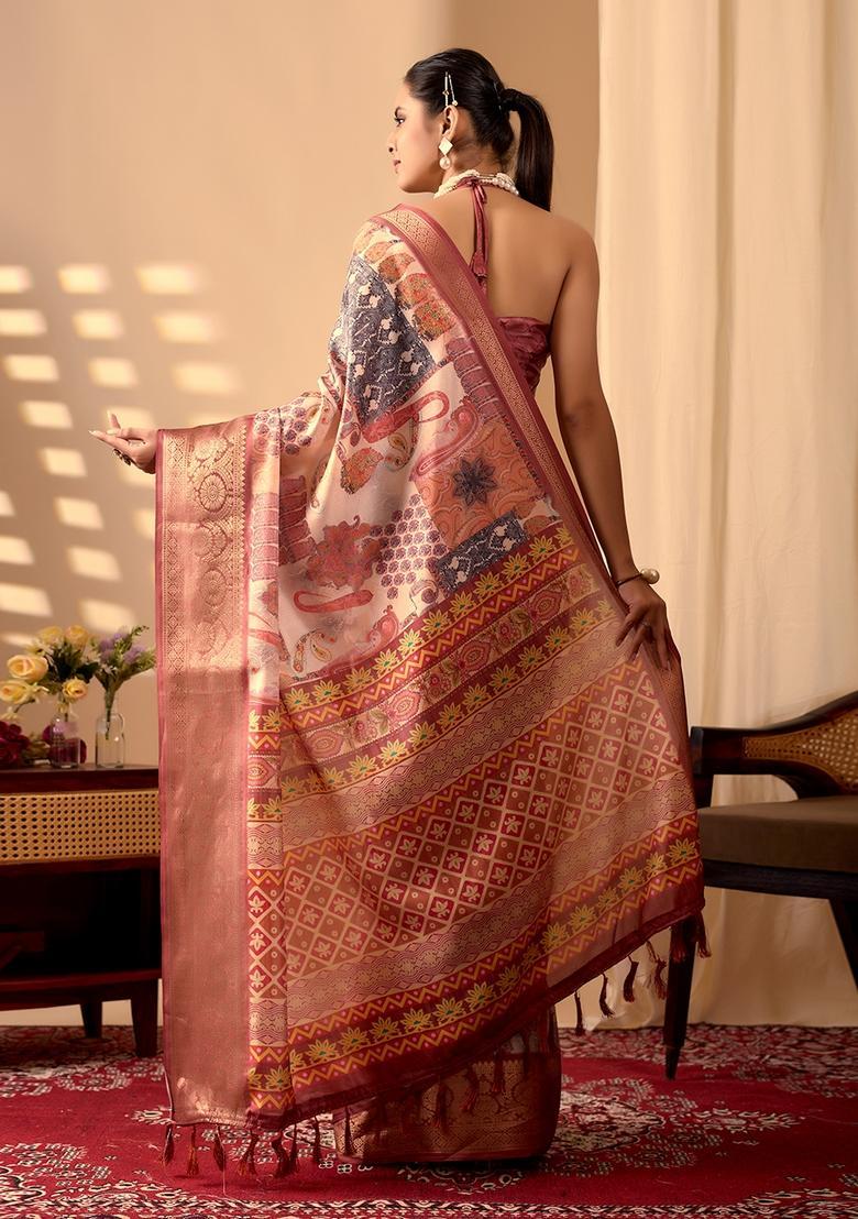 Orange Printed Silk Saree Set - Indya