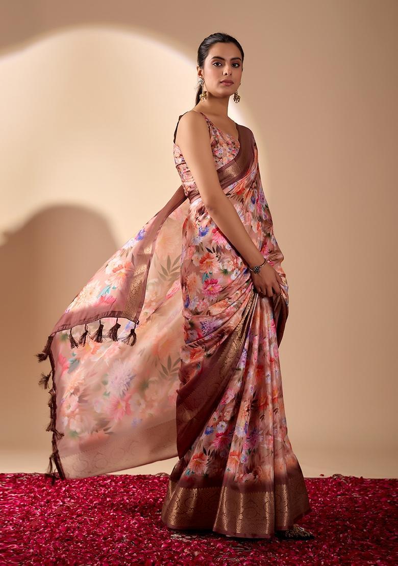 Peach Printed Silk Saree Set - Indya