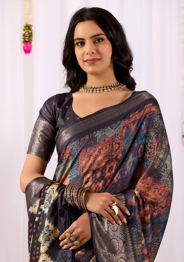 Black Printed Silk Saree Set - Indya