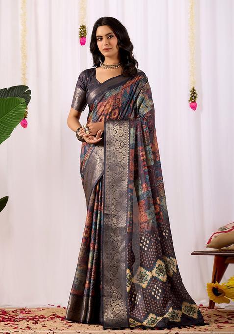 Black Printed Silk Saree Set