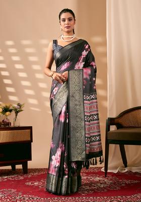 Black Printed Silk Saree Set