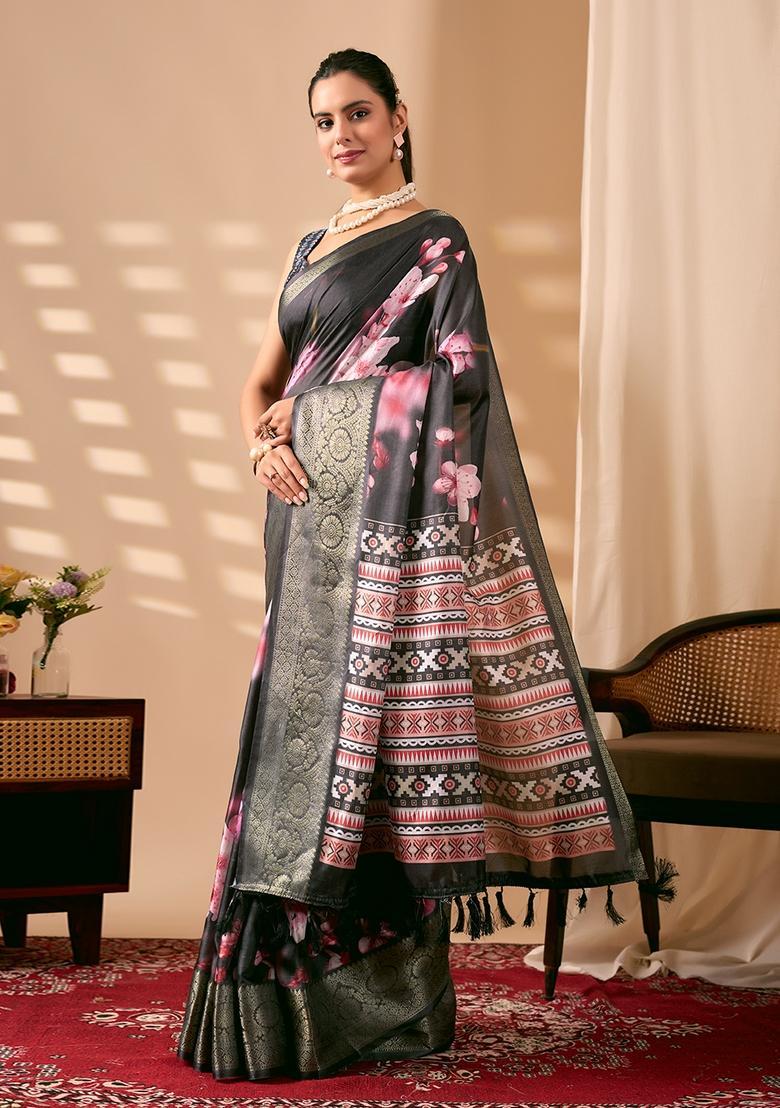 Black Printed Silk Saree Set - Indya