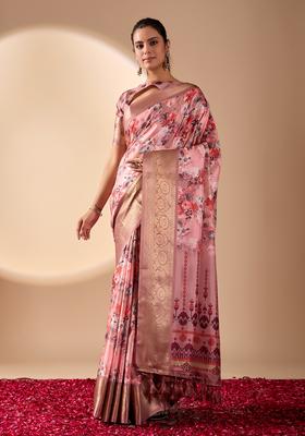 Pink Printed Silk Saree Set