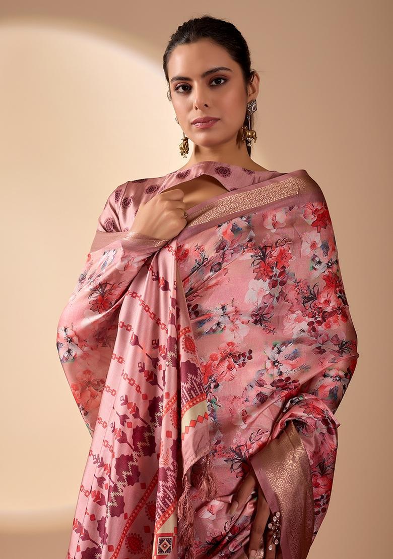 Pink Printed Silk Saree Set - Indya