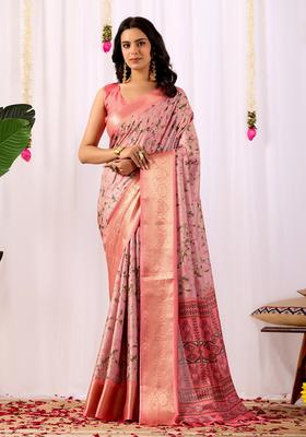 Pink Printed Silk Saree Set